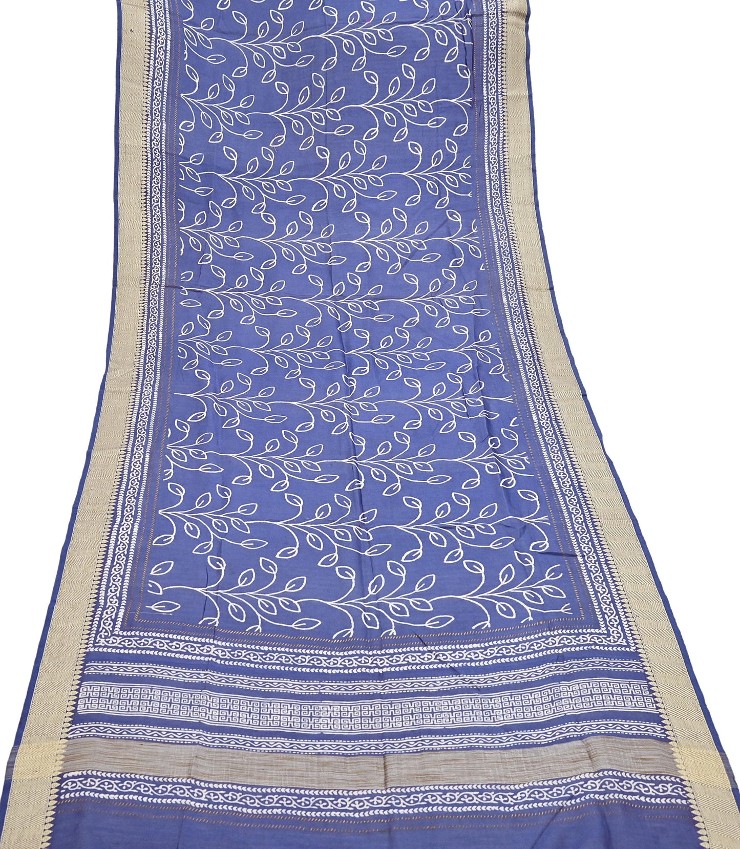 Indian Vintage Dupatta Blue Dupatta Long Stole Block Print Pure Chanderi Silk Scarves Veil Golden Zari