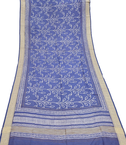 Indian Vintage Dupatta Blue Dupatta Long Stole Block Print Pure Chanderi Silk Scarves Veil Golden Zari