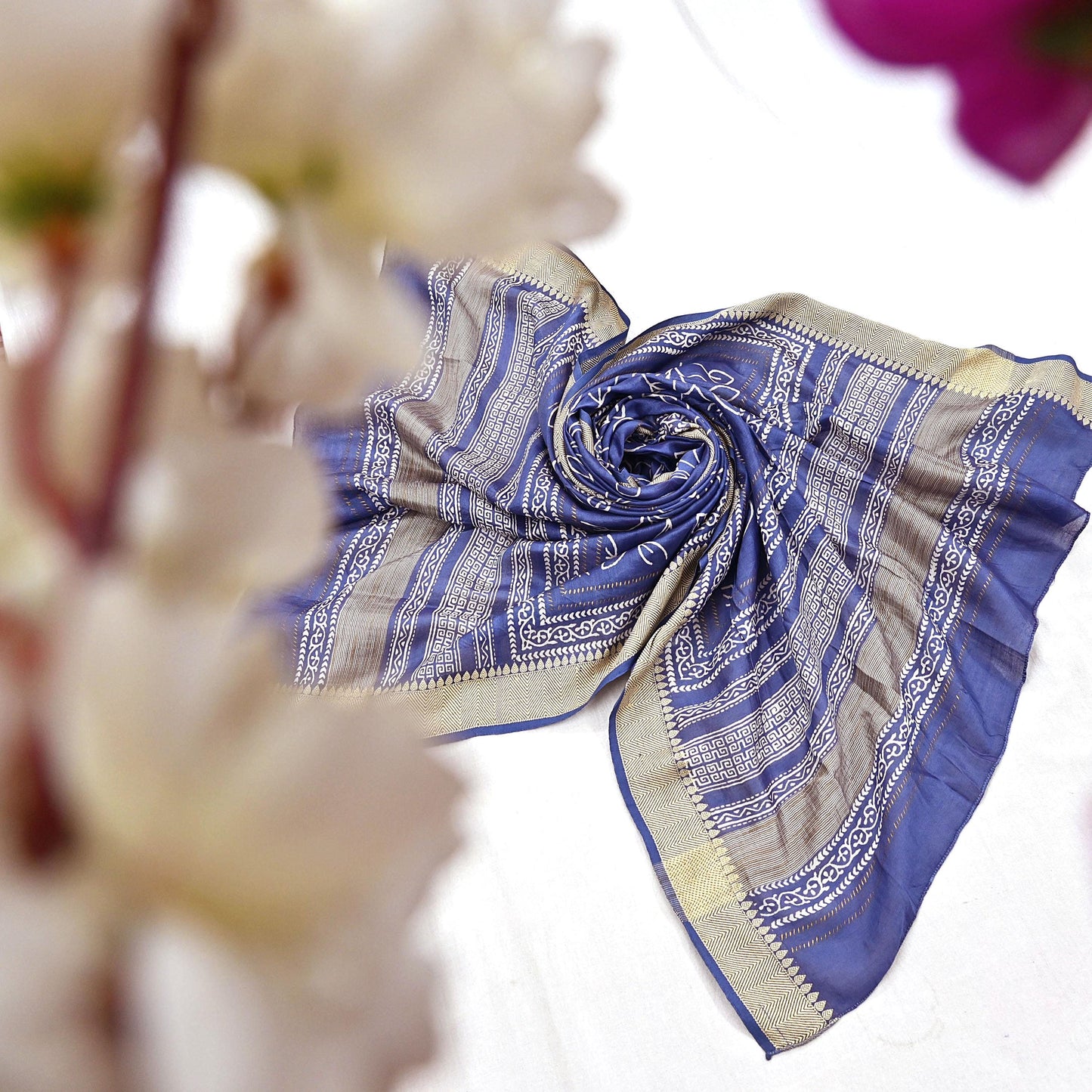 Indian Vintage Dupatta Blue Dupatta Long Stole Block Print Pure Chanderi Silk Scarves Veil Golden Zari