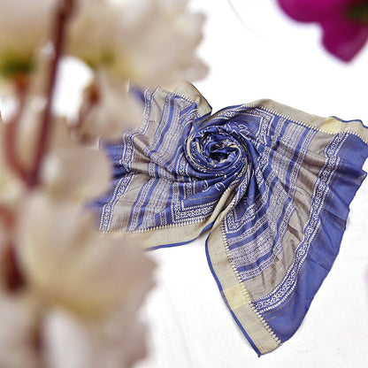 Indian Vintage Dupatta Blue Dupatta Long Stole Block Print Pure Chanderi Silk Scarves Veil Golden Zari