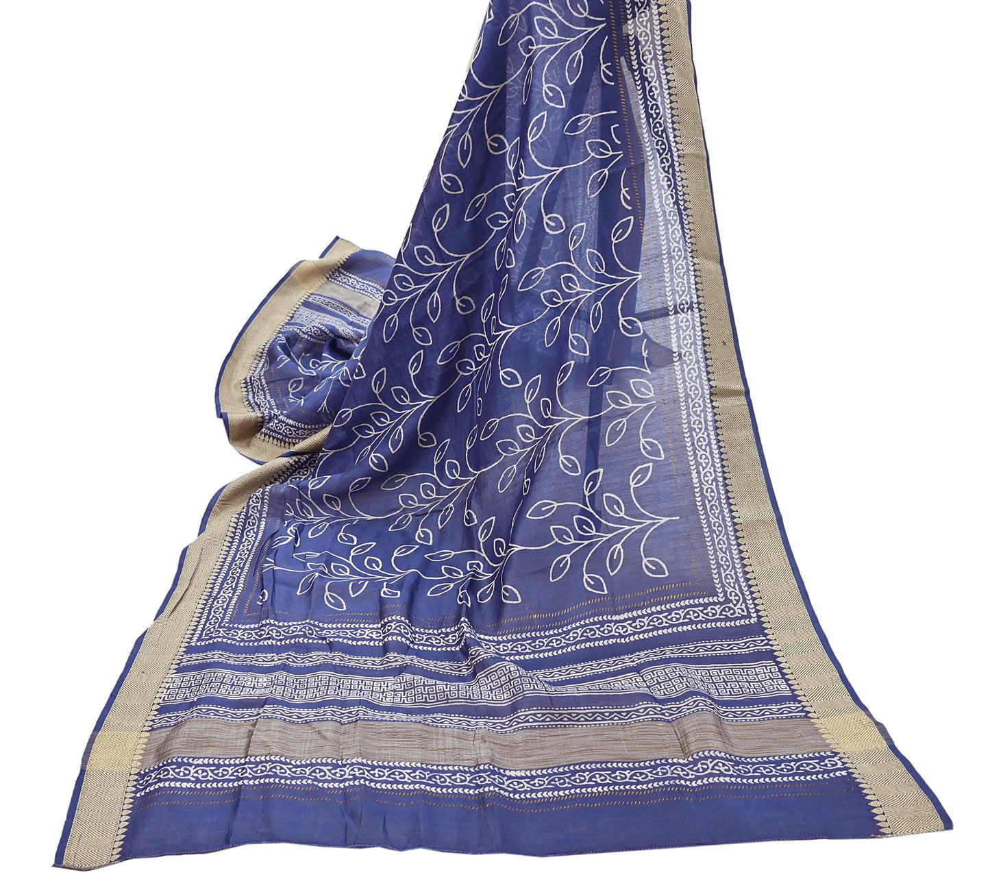 Indian Vintage Dupatta Blue Dupatta Long Stole Block Print Pure Chanderi Silk Scarves Veil Golden Zari