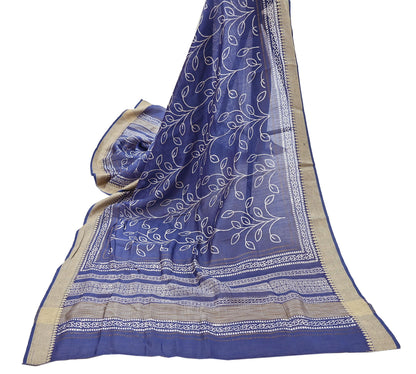 Indian Vintage Dupatta Blue Dupatta Long Stole Block Print Pure Chanderi Silk Scarves Veil Golden Zari
