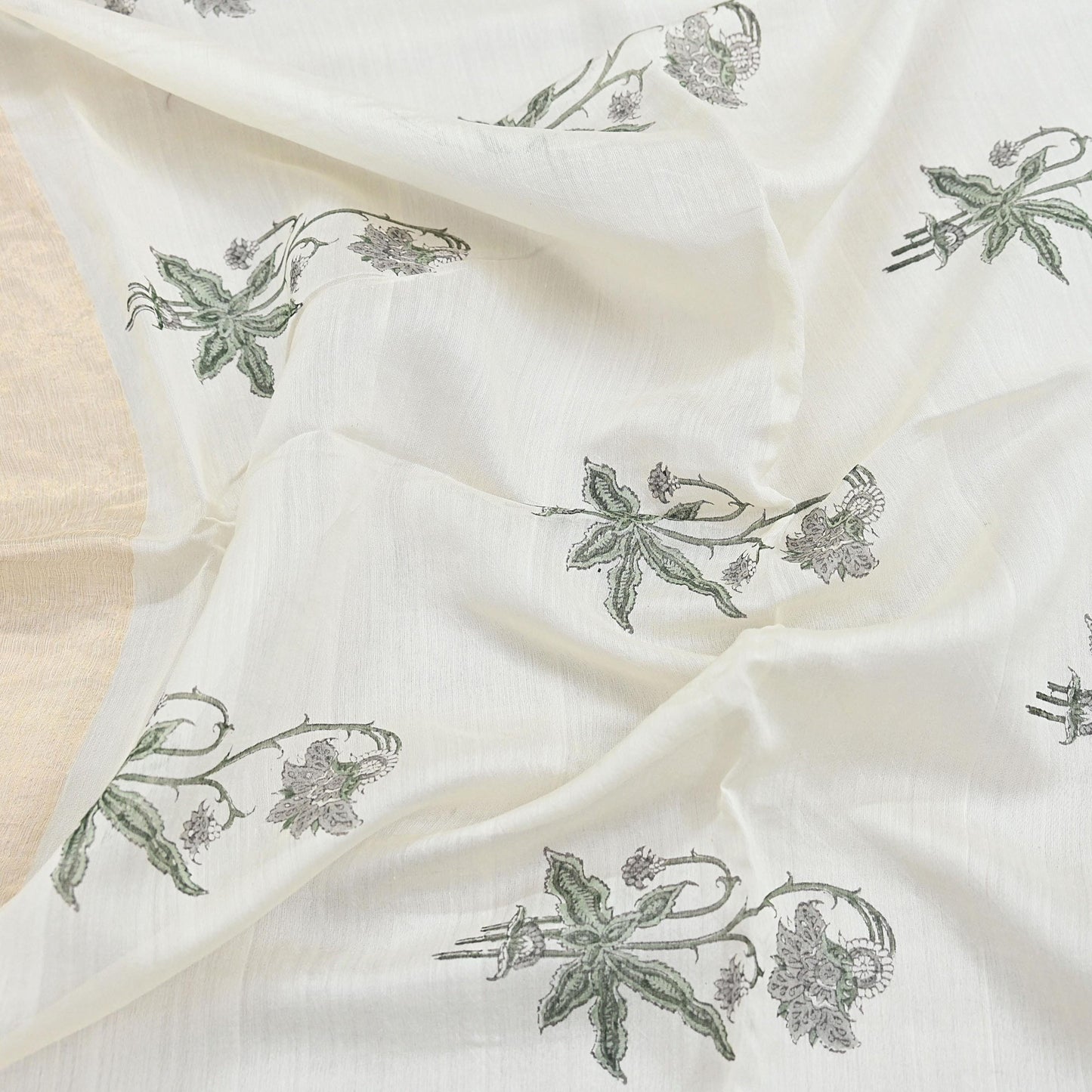 Indian Vintage Dupatta Ivory Dupatta Long Stole Block Print Pure Chanderi Silk Scarves Veil Golden Border