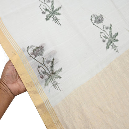 Indian Vintage Dupatta Ivory Dupatta Long Stole Block Print Pure Chanderi Silk Scarves Veil Golden Border