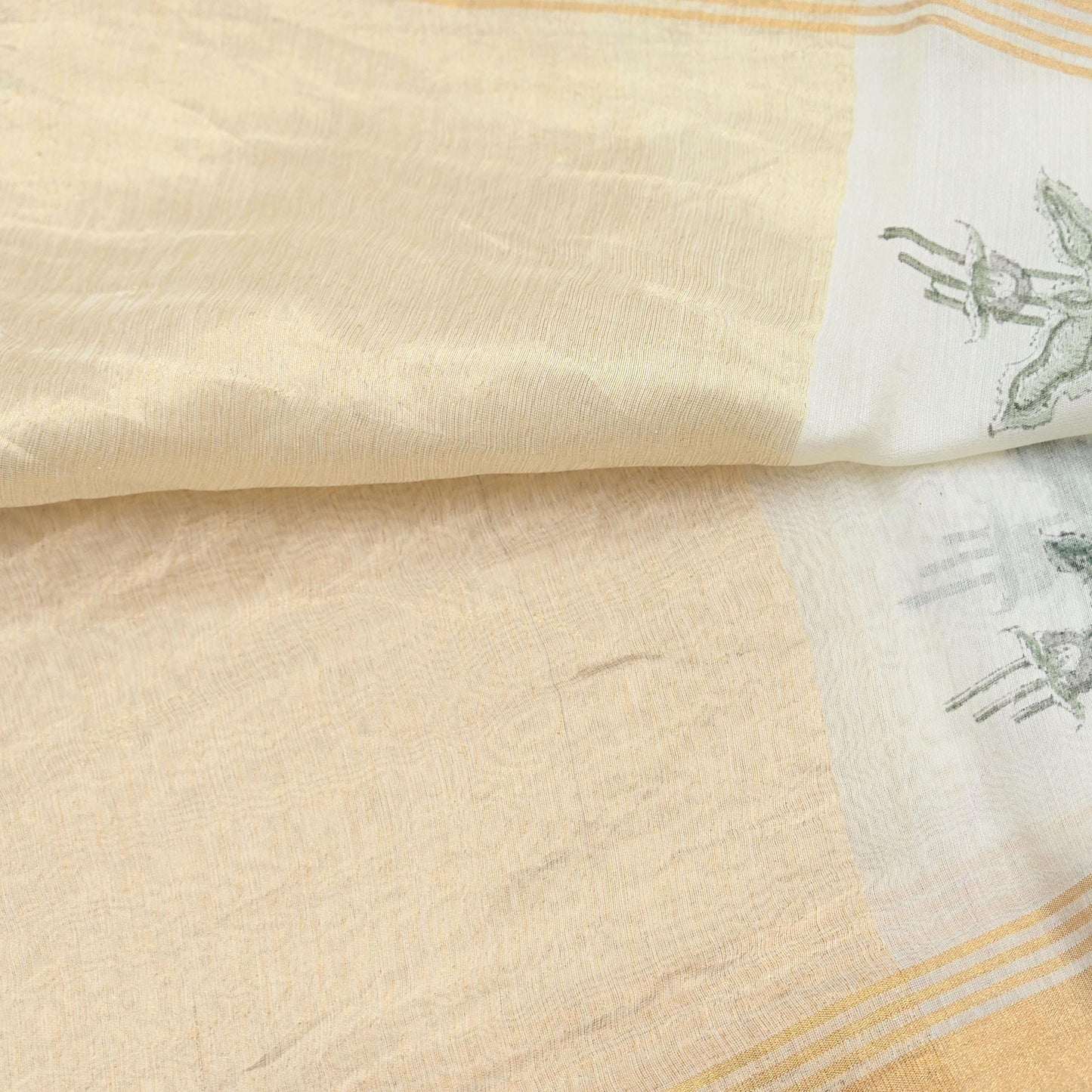 Indian Vintage Dupatta Ivory Dupatta Long Stole Block Print Pure Chanderi Silk Scarves Veil Golden Border