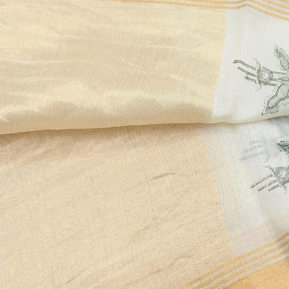 Indian Vintage Dupatta Ivory Dupatta Long Stole Block Print Pure Chanderi Silk Scarves Veil Golden Border