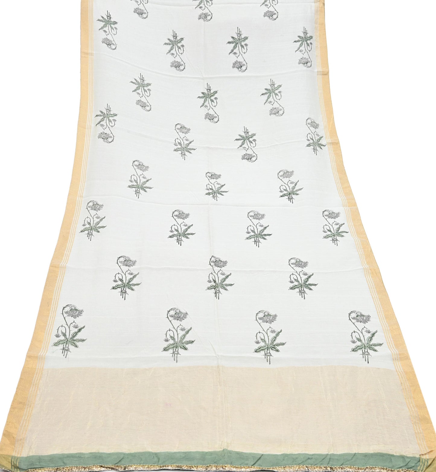 Indian Vintage Dupatta Ivory Dupatta Long Stole Block Print Pure Chanderi Silk Scarves Veil Golden Border