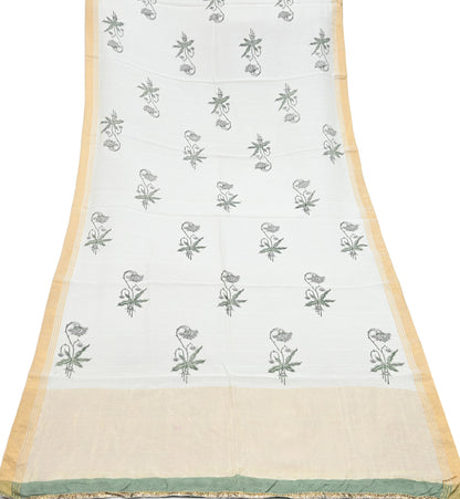 Indian Vintage Dupatta Ivory Dupatta Long Stole Block Print Pure Chanderi Silk Scarves Veil Golden Border