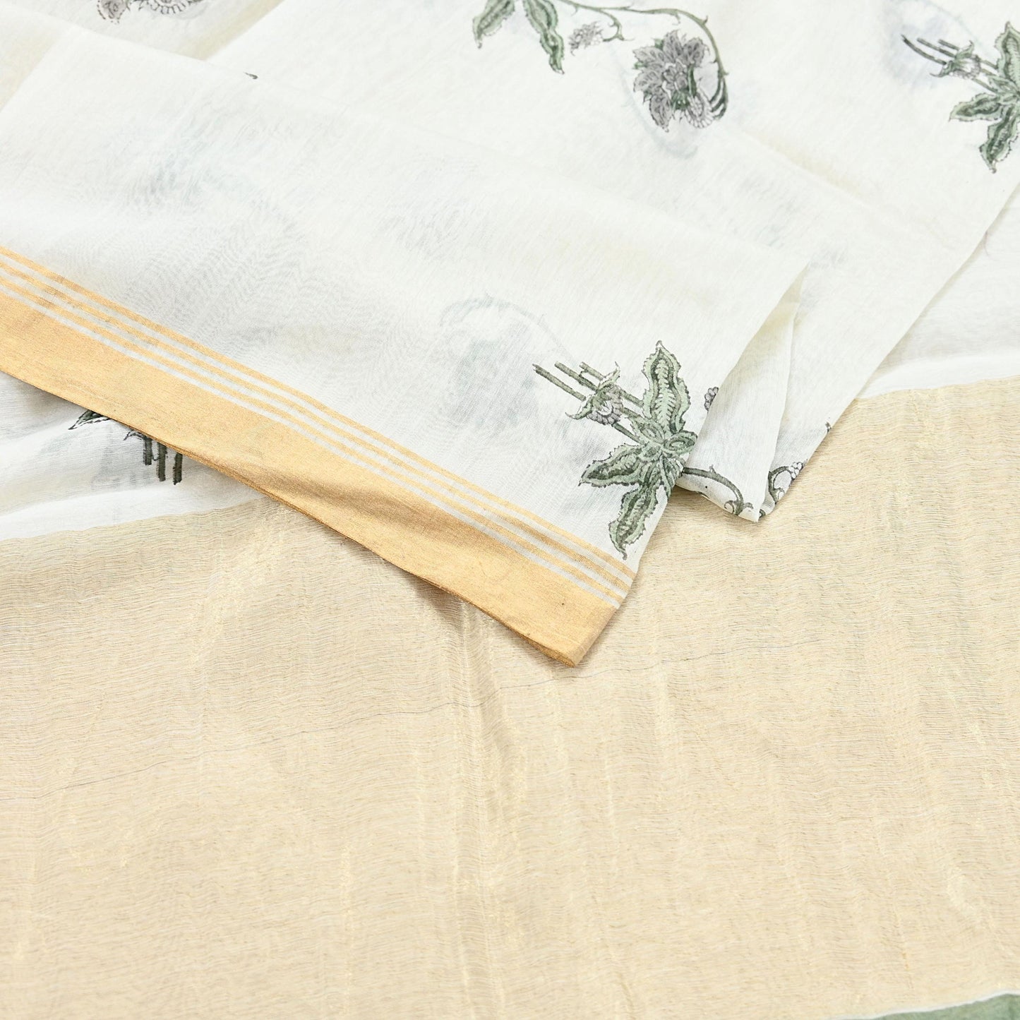 Indian Vintage Dupatta Ivory Dupatta Long Stole Block Print Pure Chanderi Silk Scarves Veil Golden Border