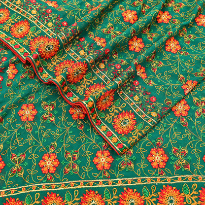 Indian Vintage Dupatta Green Pure Georgette silk Long Stole Embroidered Scarves Stole Veil Wrap