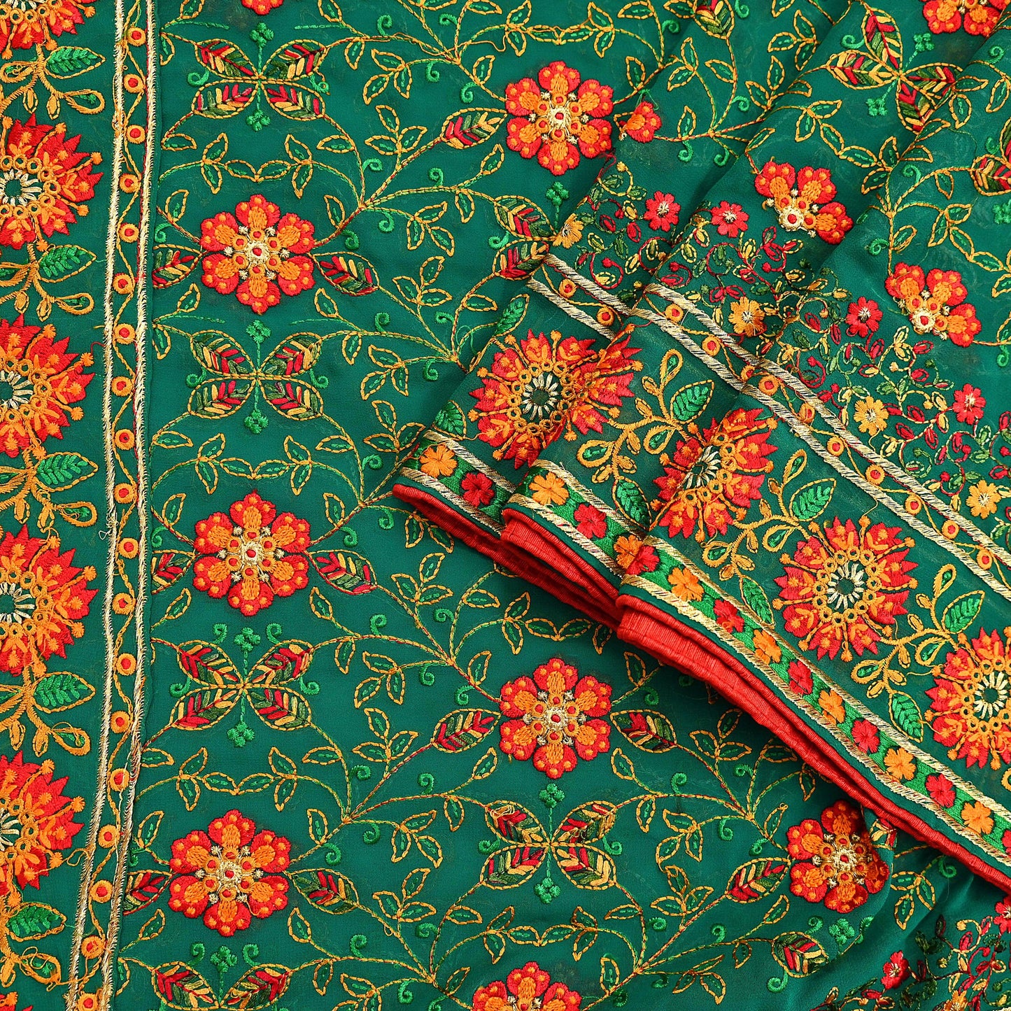 Indian Vintage Dupatta Green Pure Georgette silk Long Stole Embroidered Scarves Stole Veil Wrap