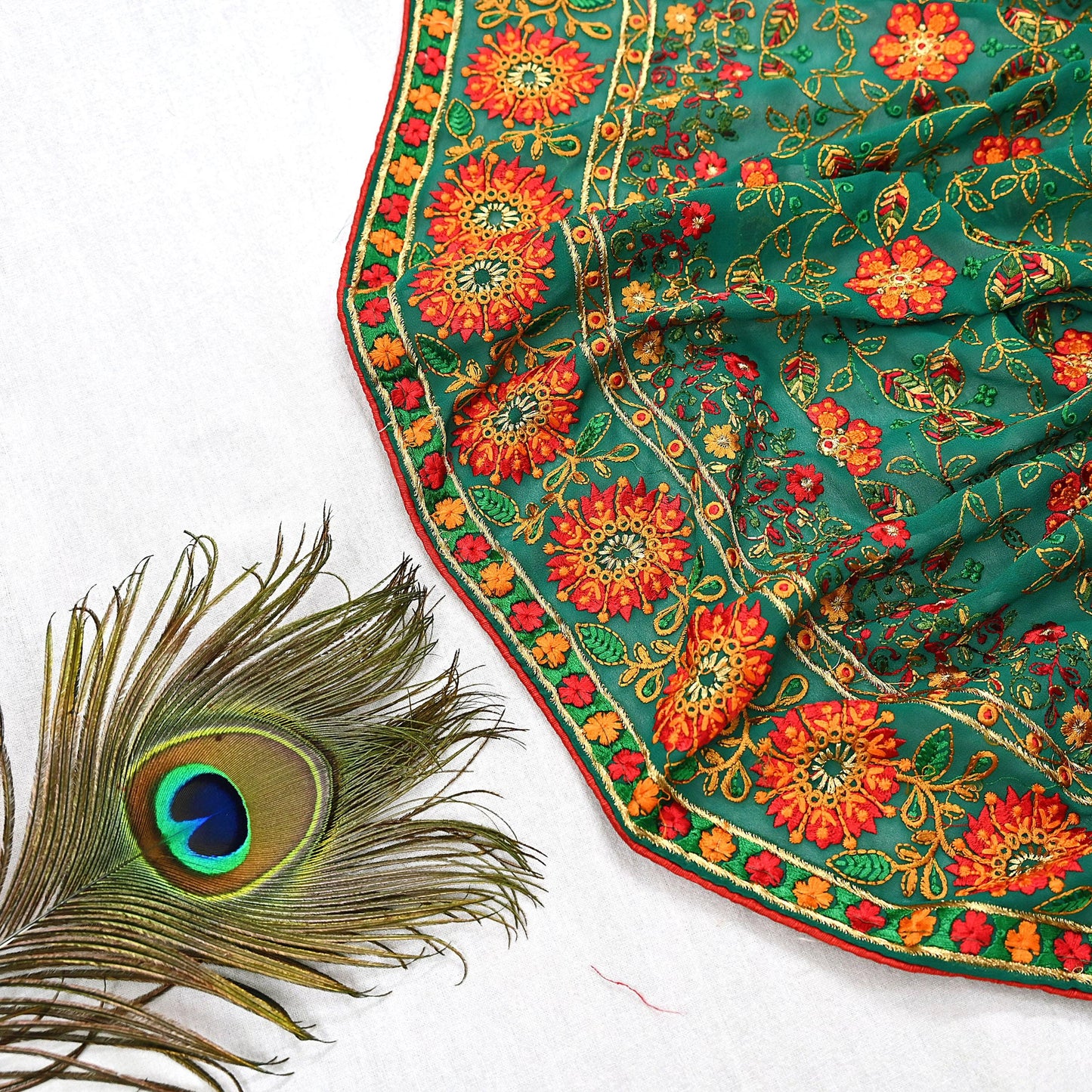 Indian Vintage Dupatta Green Pure Georgette silk Long Stole Embroidered Scarves Stole Veil Wrap