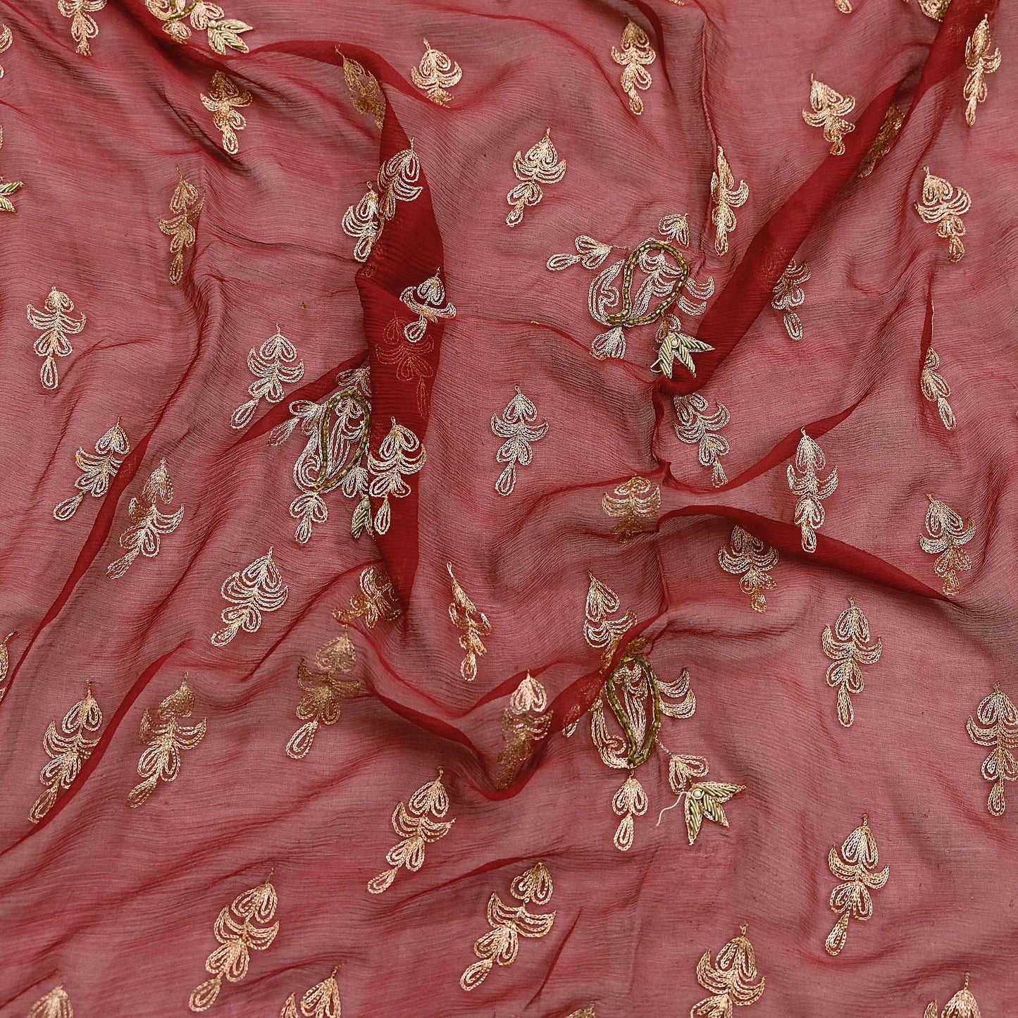 Indian Vintage Heavy Red Dupatta Pure Chiffon silk Long Stole Hand Embroidered Scarves Floral Design Stole Veil Wrap Zari Zardozi