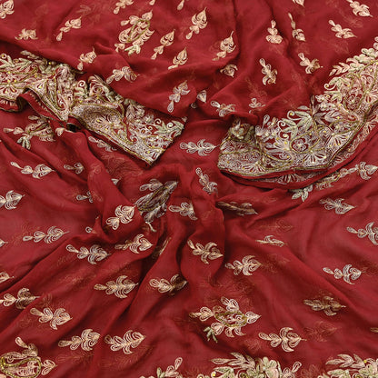 Indian Vintage Heavy Red Dupatta Pure Chiffon silk Long Stole Hand Embroidered Scarves Floral Design Stole Veil Wrap Zari Zardozi