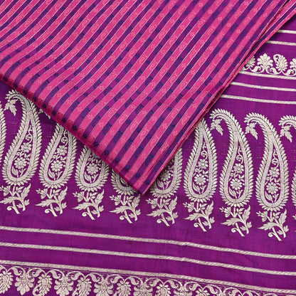 Indian Vintage Sari Purple Heavy Wedding Pure Satin Silk Woven Banarasi Brocade Saree Zari 5Yd Craft Fabric Ethnic Dress making Crafting