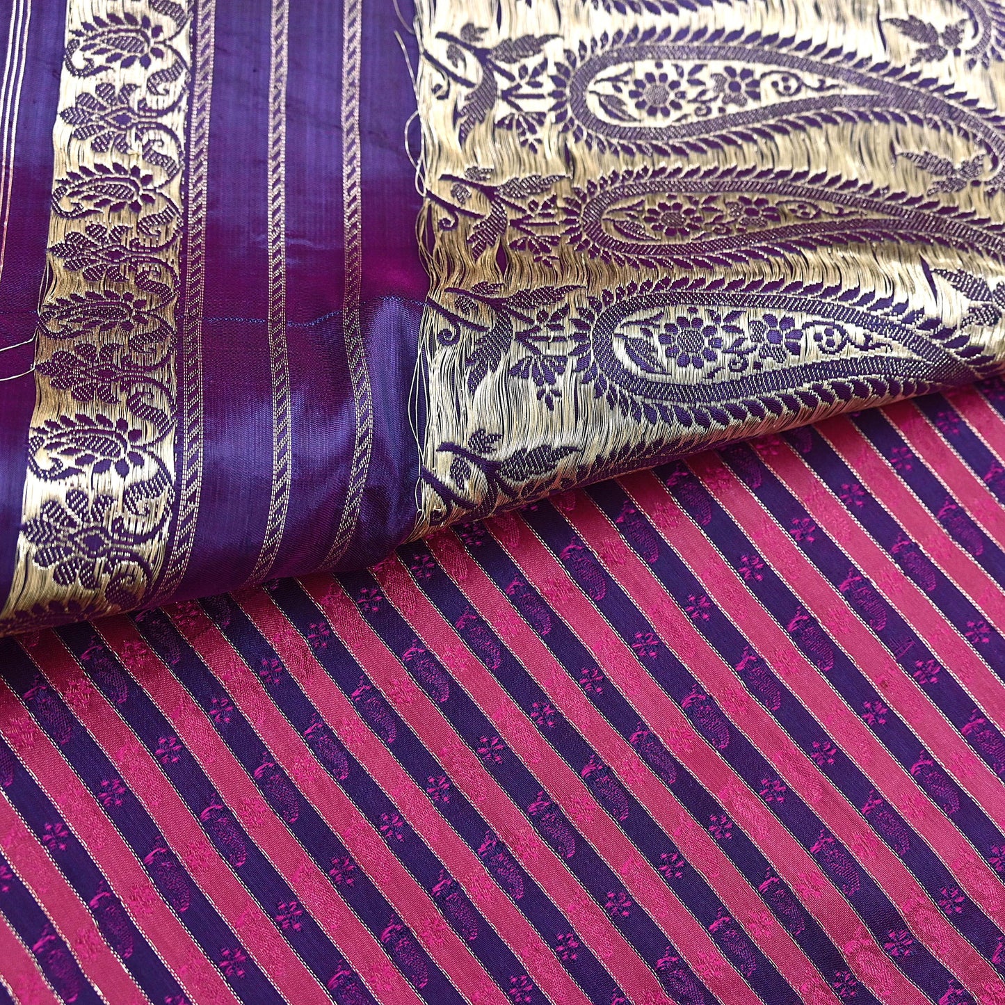 Indian Vintage Sari Purple Heavy Wedding Pure Satin Silk Woven Banarasi Brocade Saree Zari 5Yd Craft Fabric Ethnic Dress making Crafting