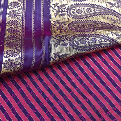 Indian Vintage Sari Purple Heavy Wedding Pure Satin Silk Woven Banarasi Brocade Saree Zari 5Yd Craft Fabric Ethnic Dress making Crafting
