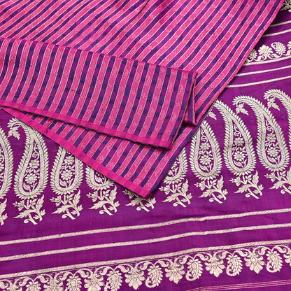 Indian Vintage Sari Purple Heavy Wedding Pure Satin Silk Woven Banarasi Brocade Saree Zari 5Yd Craft Fabric Ethnic Dress making Crafting
