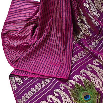 Indian Vintage Sari Purple Heavy Wedding Pure Satin Silk Woven Banarasi Brocade Saree Zari 5Yd Craft Fabric Ethnic Dress making Crafting