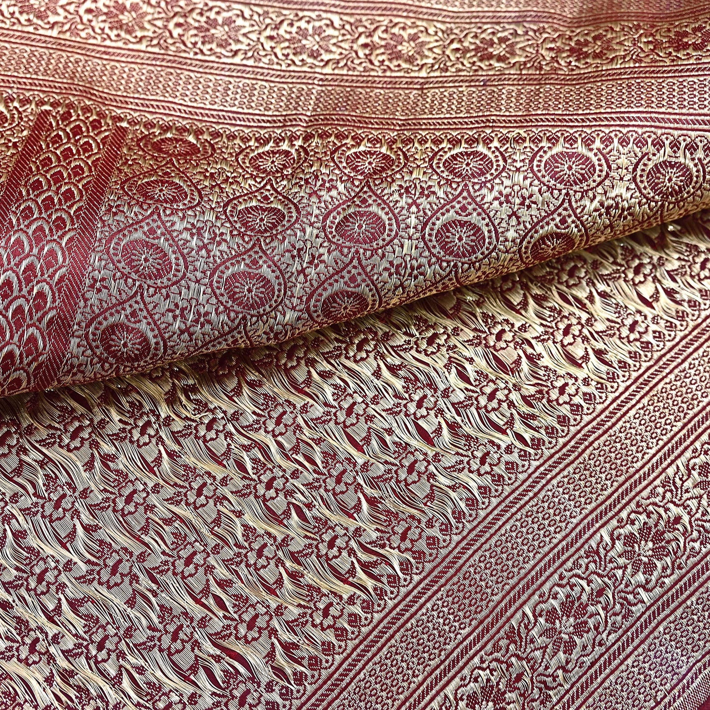 Indian Vintage Sari Maroon Heavy Wedding Pure Satin Silk Woven Banarasi Brocade Saree Zari 5Yd Craft Fabric Ethnic Dress making Crafting