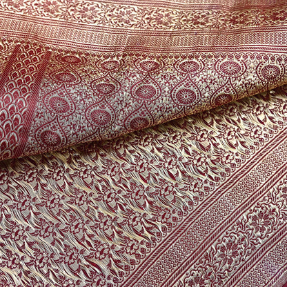 Indian Vintage Sari Maroon Heavy Wedding Pure Satin Silk Woven Banarasi Brocade Saree Zari 5Yd Craft Fabric Ethnic Dress making Crafting