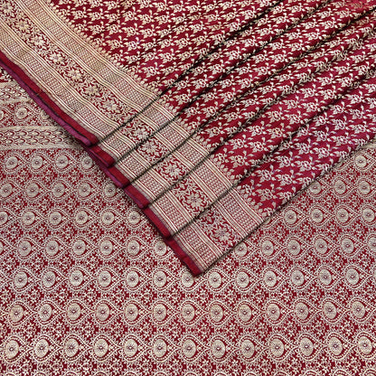 Indian Vintage Sari Maroon Heavy Wedding Pure Satin Silk Woven Banarasi Brocade Saree Zari 5Yd Craft Fabric Ethnic Dress making Crafting