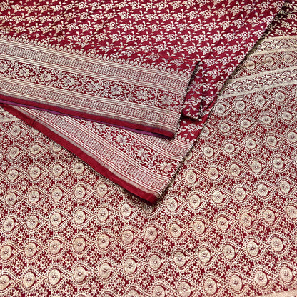 Indian Vintage Sari Maroon Heavy Wedding Pure Satin Silk Woven Banarasi Brocade Saree Zari 5Yd Craft Fabric Ethnic Dress making Crafting