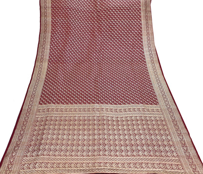 Indian Vintage Sari Maroon Heavy Wedding Pure Satin Silk Woven Banarasi Brocade Saree Zari 5Yd Craft Fabric Ethnic Dress making Crafting