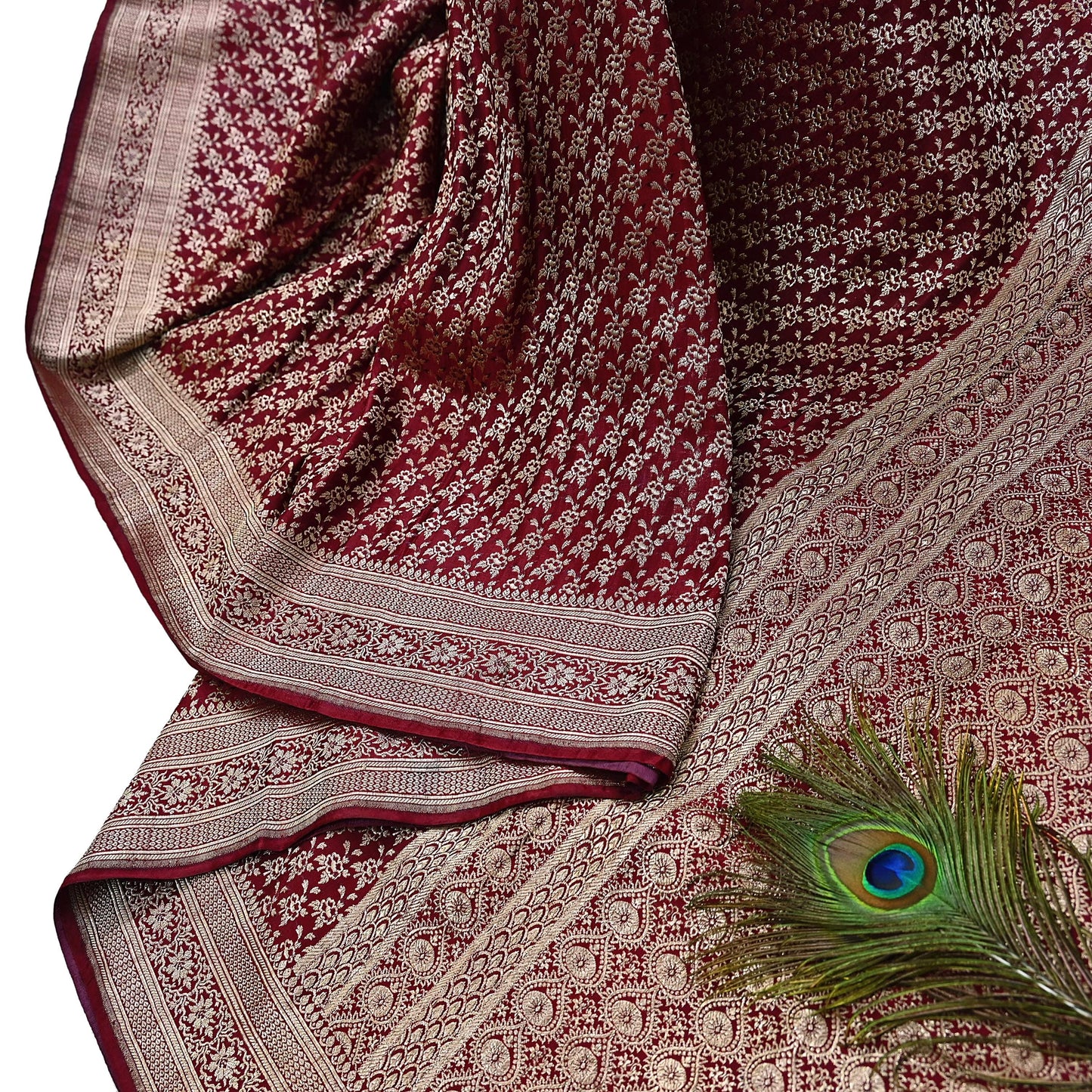 Indian Vintage Sari Maroon Heavy Wedding Pure Satin Silk Woven Banarasi Brocade Saree Zari 5Yd Craft Fabric Ethnic Dress making Crafting