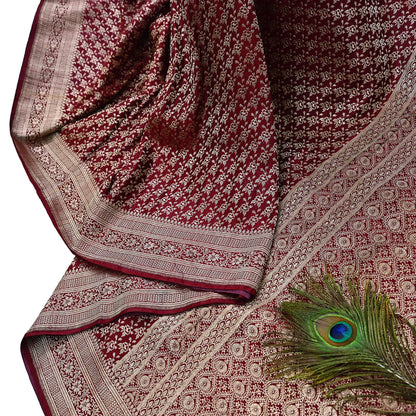 Indian Vintage Sari Maroon Heavy Wedding Pure Satin Silk Woven Banarasi Brocade Saree Zari 5Yd Craft Fabric Ethnic Dress making Crafting