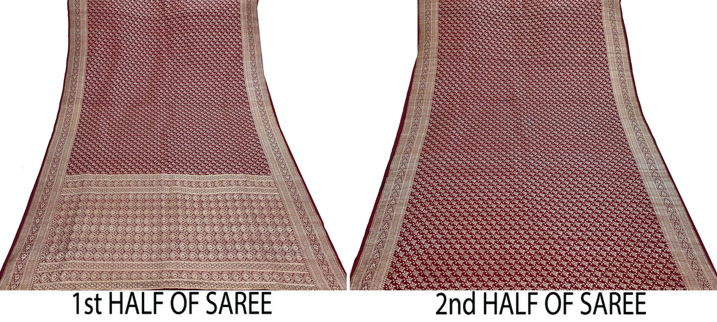 Indian Vintage Sari Maroon Heavy Wedding Pure Satin Silk Woven Banarasi Brocade Saree Zari 5Yd Craft Fabric Ethnic Dress making Crafting