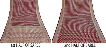Indian Vintage Sari Maroon Heavy Wedding Pure Satin Silk Woven Banarasi Brocade Saree Zari 5Yd Craft Fabric Ethnic Dress making Crafting