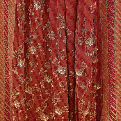 Indian Vintage Heavy Orange & Red Dupatta Pure Georgette Silk Long Stole Hand Embroidered Designer By Ritu Kumar Scarves Scarf Zari Zardozi