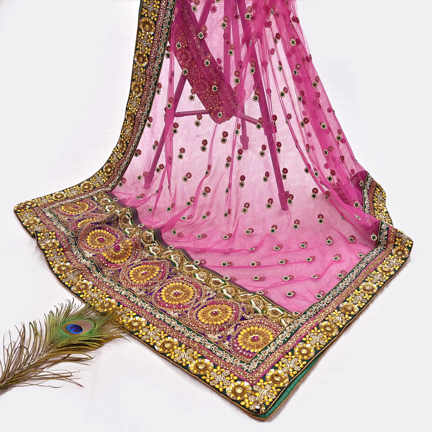 Indian Vintage Heavy Wedding pink Net/Mesh/ Velvet Hand Embroidered Dupatta Designer By Manish Malhotra Bridal Wear Zardozi Veil Hijab