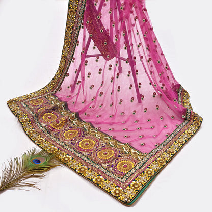 Indian Vintage Heavy Wedding pink Net/Mesh/ Velvet Hand Embroidered Dupatta Designer By Manish Malhotra Bridal Wear Zardozi Veil Hijab