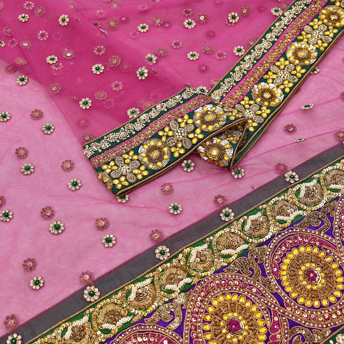 Indian Vintage Heavy Wedding pink Net/Mesh/ Velvet Hand Embroidered Dupatta Designer By Manish Malhotra Bridal Wear Zardozi Veil Hijab