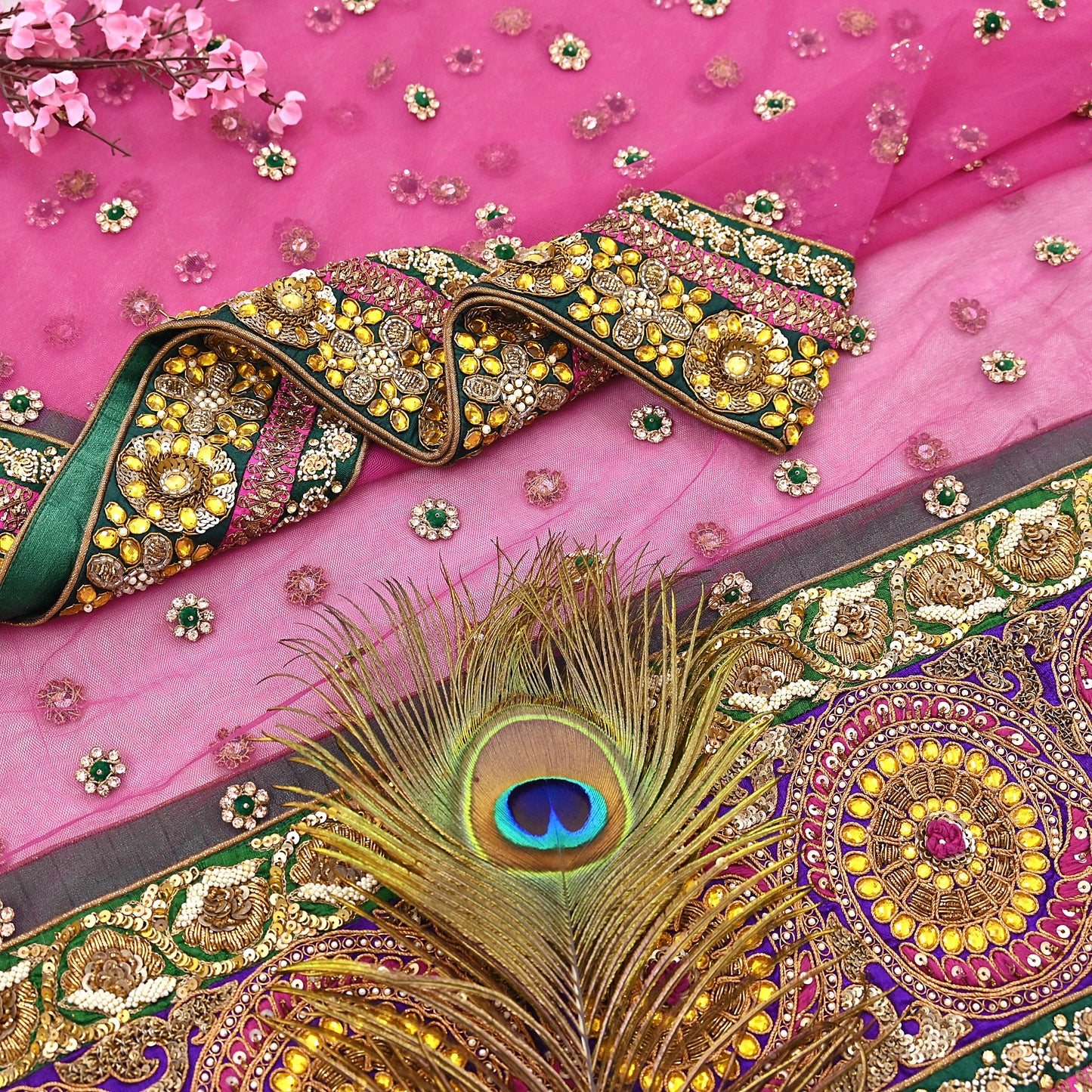 Indian Vintage Heavy Wedding pink Net/Mesh/ Velvet Hand Embroidered Dupatta Designer By Manish Malhotra Bridal Wear Zardozi Veil Hijab