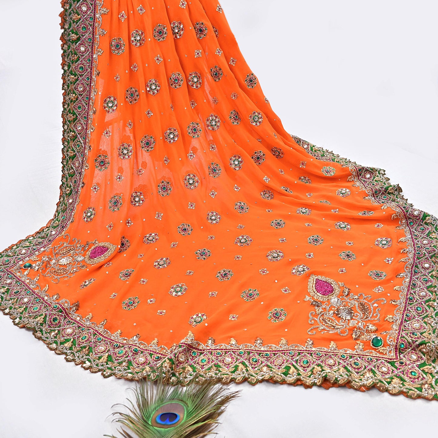 Indian Pre-owned Heavy orange Pure Georgette Silk Hand Embroidered Dupatta Designer By Manish Malhotra Bridal Wear Dabka Zardozi Veil Hijab