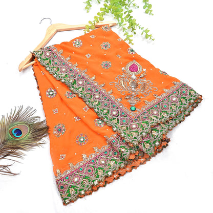 Indian Pre-owned Heavy orange Pure Georgette Silk Hand Embroidered Dupatta Designer By Manish Malhotra Bridal Wear Dabka Zardozi Veil Hijab