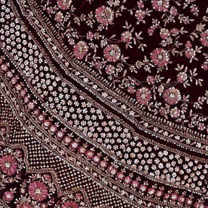 Manish Malhotra maroon Velvet Lehenga Skirt Heavy Zardozi Dabka Embroidery Indian Bridal Wear, Designer Couture Wedding Outfit