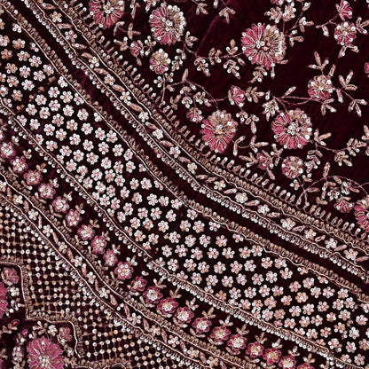 Manish Malhotra maroon Velvet Lehenga Skirt Heavy Zardozi Dabka Embroidery Indian Bridal Wear, Designer Couture Wedding Outfit