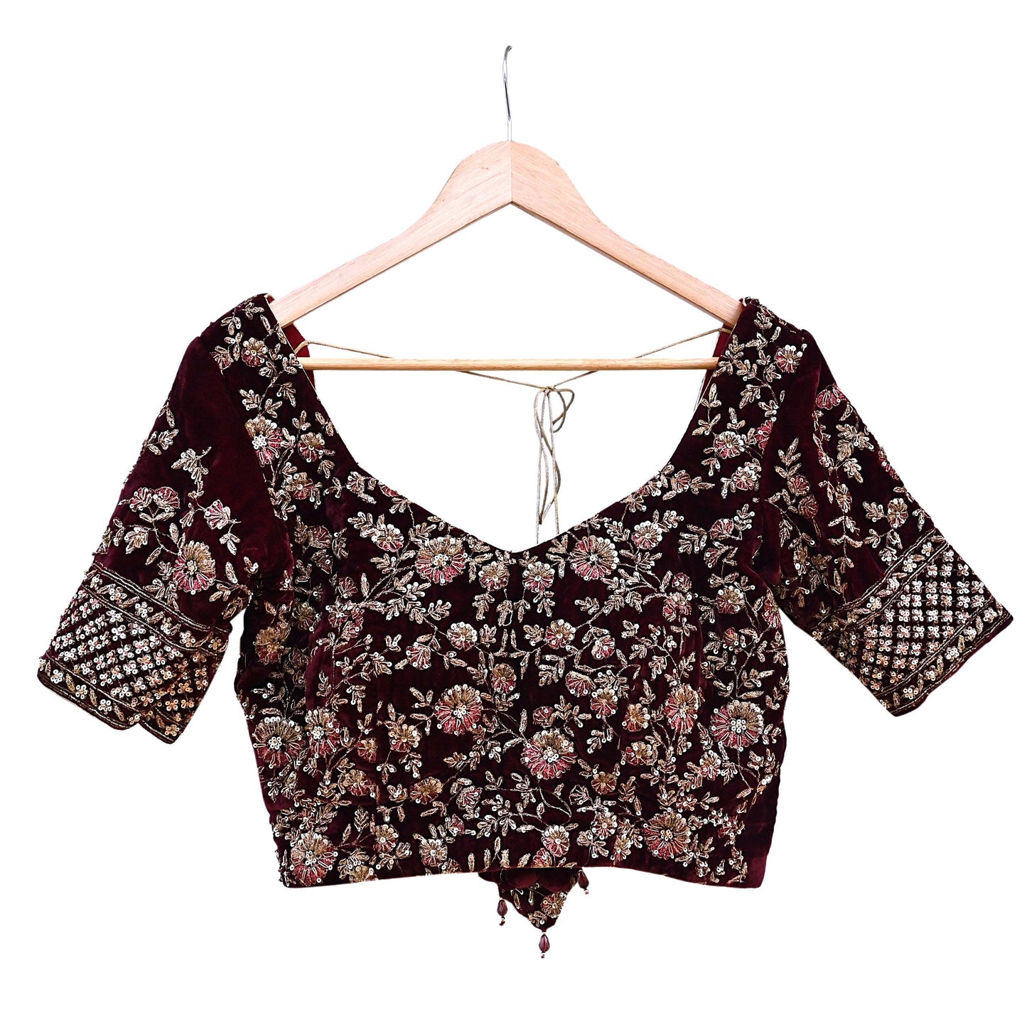 Indian Pre-owned Wine Velvet Hand Embroidered By Designer manish malhotra Padded Blouse/Top/Crop L Size Party wear Bollywood