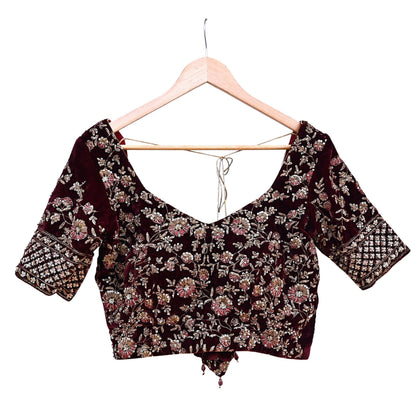 Indian Pre-owned Wine Velvet Hand Embroidered By Designer manish malhotra Padded Blouse/Top/Crop L Size Party wear Bollywood