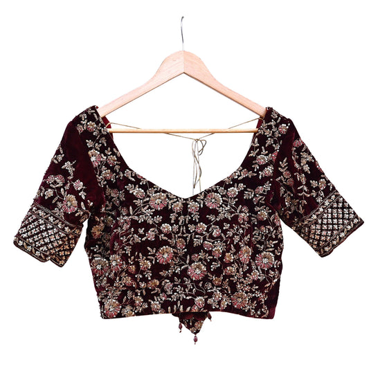 Indian Pre-owned Wine Velvet Hand Embroidered By Designer manish malhotra Padded Blouse/Top/Crop L Size Party wear Bollywood