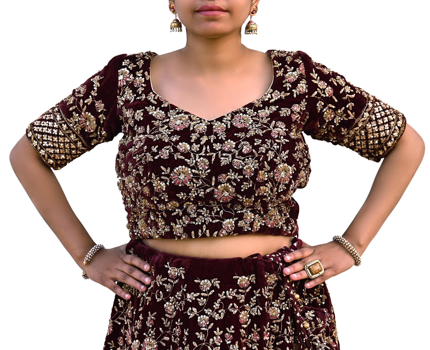 Indian Pre-owned Wine Velvet Hand Embroidered By Designer manish malhotra Padded Blouse/Top/Crop L Size Party wear Bollywood