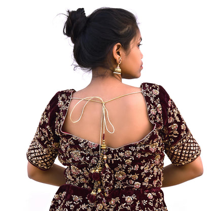 Indian Pre-owned Wine Velvet Hand Embroidered By Designer manish malhotra Padded Blouse/Top/Crop L Size Party wear Bollywood