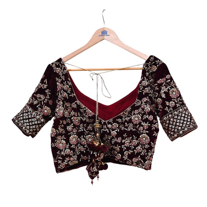 Indian Pre-owned Wine Velvet Hand Embroidered By Designer manish malhotra Padded Blouse/Top/Crop L Size Party wear Bollywood
