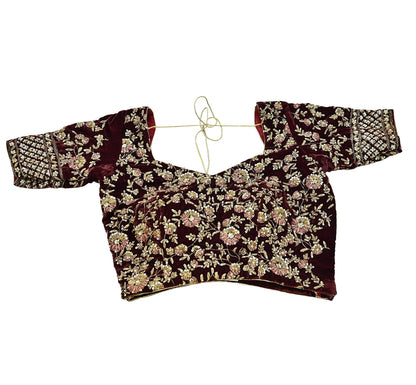Indian Pre-owned Wine Velvet Hand Embroidered By Designer manish malhotra Padded Blouse/Top/Crop L Size Party wear Bollywood