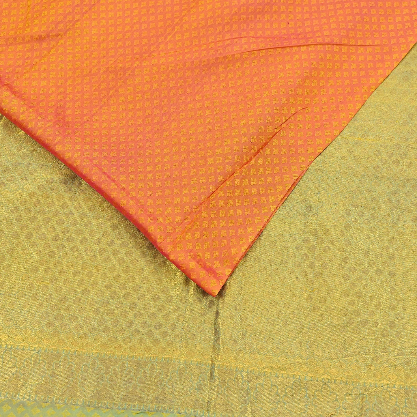 Indian Vintage Heavy Sari Green & Orange Kanjivaram Saree 100% Pure Silk Zari 5Yd Crafting Dress making For Crafting Quilting Upcycle