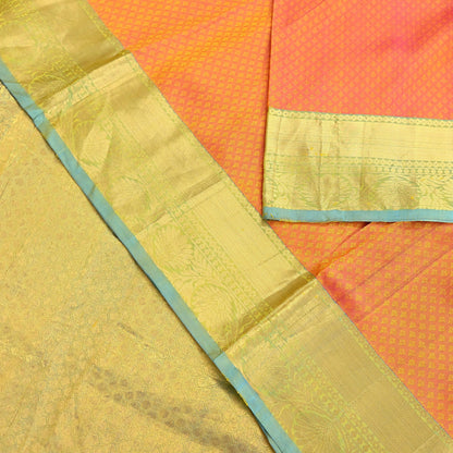 Indian Vintage Heavy Sari Green & Orange Kanjivaram Saree 100% Pure Silk Zari 5Yd Crafting Dress making For Crafting Quilting Upcycle